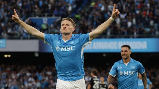 Napoli, Italia. 04th Oct, 2024. Napoli's Scott McTominay celebrates during the Serie A soccer match between Napoli and Como at the Diego Armando Maradona Stadium in Naples, southern italy - Friday, October 4, 2024. Sport - Soccer .