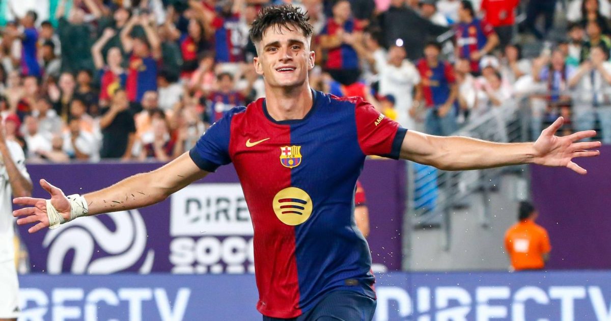 Pau Victor celebrates for Barcelona.