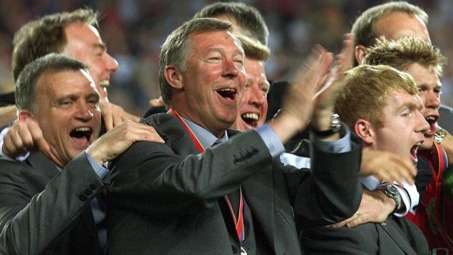 Sir Alex Ferguson celebrates winning the Champions League, 1999.