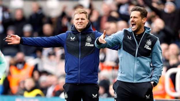 Newcastle United manager Eddie Howe and assistant Jason Tindall (right) on the touchline during the Premier League match at St. James' Park, Newcastle upon Tyne. Picture date: Saturday March 5, 2022.