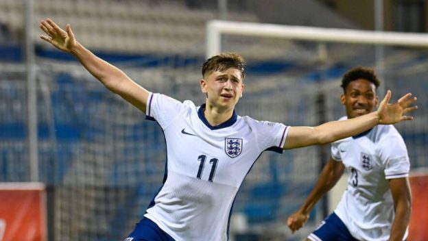 Antonis Papadopoulos Stadium, Larnaca, Cyprus, 27th May 2024. England Number 11, Mikey Moore, celebrates firing his side into a 2-1 lead in the U17 European Championship Group D match against Spain.