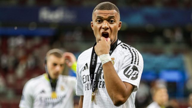 Warsaw, Poland. 14th Aug, 2024. Kylian Mbappe of Real Madrid seen after the ceremony during the UEFA Super Cup 2024 between Real Madrid and Atalanta BC at National Stadium. Final score: Real Madrid 2 : 0 Atalanta BC.