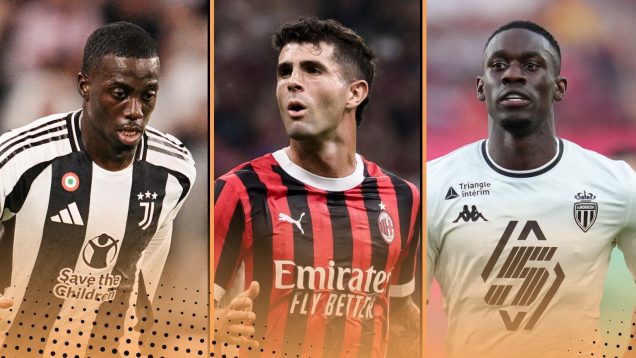 USMNT USA internationals Timothy Weah, Christian Pulisic and Folarin Balogun pictured representing Juventus, AC Milan and Monaco in 2024-25