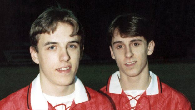 Manchester United youth team players Philip Neville (left) and his brother Gary Neville ahead of the match against Notts County. 9th July 1994
