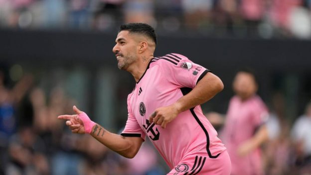 Inter Miami forward Luis Suarez (9) celebrates after scoring his side's second goal during the first half of an MLS soccer match against Orlando City, Saturday, March 2, 2024, in Fort Lauderdale, Fla