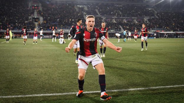 Lewis Ferguson celebrates for Bologna.