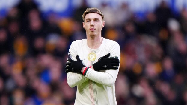 Chelsea's Cole Palmer celebrates scoring their side's first goal of the game during the Premier League match at Molineux Stadium, Wolverhampton. Picture date: Saturday February 7, 2026.