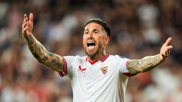 Sergio Ramos of Sevilla FC protests during the Spanish league, LaLiga EA Sports, football match played between Sevilla FC and FC Barcelona at Ramon Sanchez-Pizjuan stadium on May 26, 2024, in Sevilla, Spain.