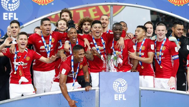 London, UK. 26th Feb, 2017. Players of Manchester United celebrate with their trophy after winning the EFL Cup Final between Manchester United and Southampton at Wembley Stadium in London, Britain on Feb. 26, 2017.