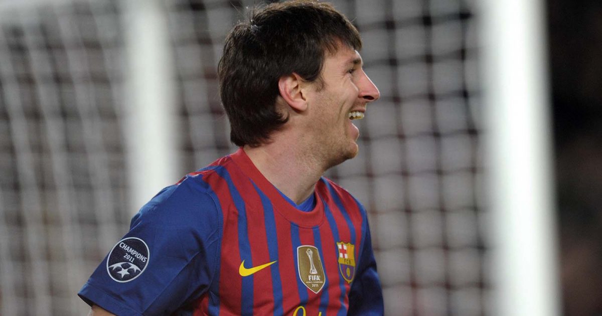 Barcelona's Lionel Messi celebrates after scoring against Bayer Leverkusen 2012