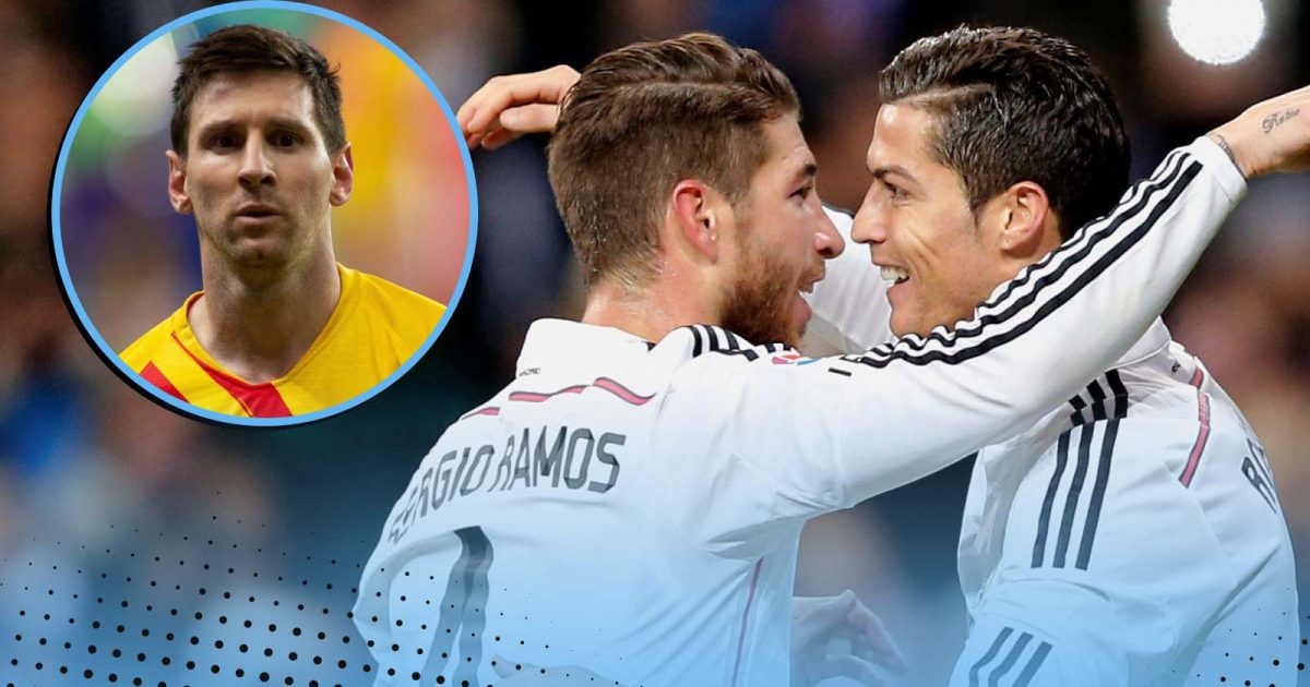 Cristiano Ronaldo celebrates with Sergio Ramos, Lionel Messi in top left corner