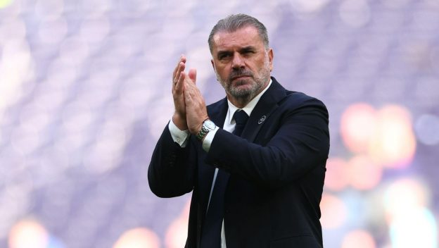 Tottenham Hotspur Stadium, London, UK. 19th Oct, 2024. Premier League Football, Tottenham Hotspur versus West Ham United; Tottenham Hotspur Manager Ange Postecoglou celebrates the 4-1 win
