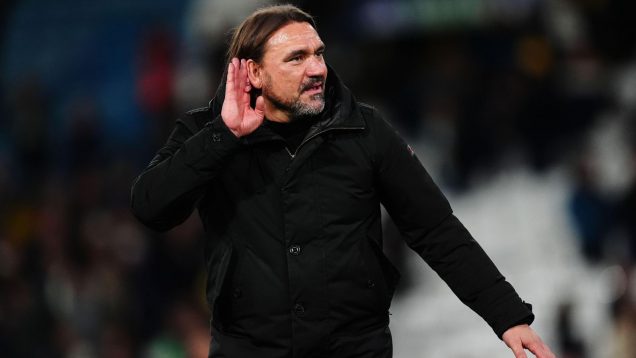 Leeds United manager Daniel Farke celebrates the win after the Sky Bet Championship match at Elland Road, Leeds. Picture date: Friday October 18, 2024.