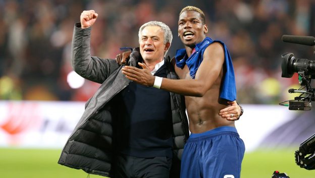 May 24th 2017, Friends Arena, Stockholm, Sweden; UEFA Europa League Cup Final, Manchester United versus Ajax Amsterdam; José Mourinho and Paul Pogba in action