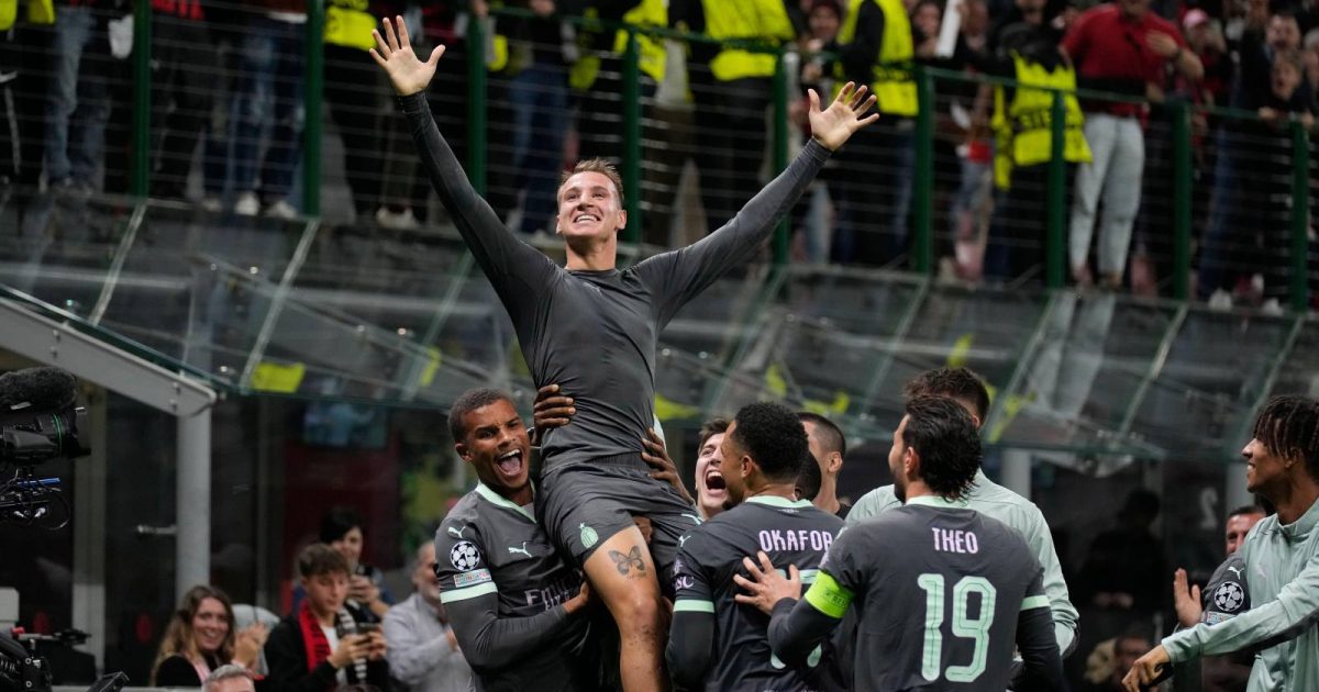 Francesco Camarda celebrates an offside goal for Milan.