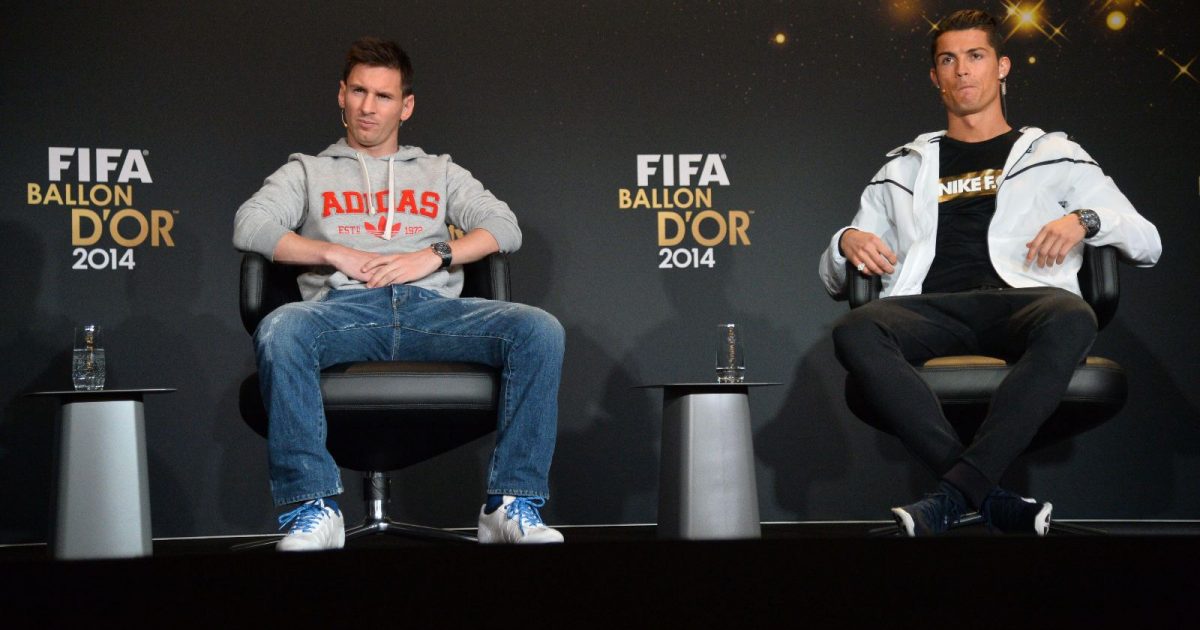 Argentina's Lionel Messi and Portugal's Cristiano Ronaldo during a press conference before the FIFA Ballon d’Or 2014 Award Gala at the Kongresshalle in Zurich, Switzerland on January 12, 2015.