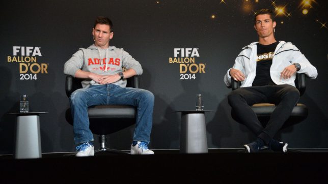 Argentina's Lionel Messi and Portugal's Cristiano Ronaldo during a press conference before the FIFA Ballon d’Or 2014 Award Gala at the Kongresshalle in Zurich, Switzerland on January 12, 2015.