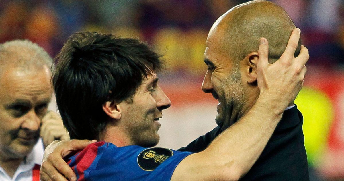 FC Barcelona's Lionel Messi from Argentina, left, celebrates his victory with coach Josep Guardiola during the final Copa del Rey soccer match against Athletic Bilbao at the Vicente Calderon stadium in Madrid, Spain, Friday, May 25, 2012.