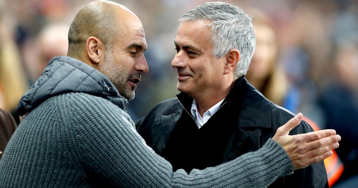 Manchester City manager Pep Guardiola (left) and Manchester United manager Jose Mourinho before kick-offduring the Premier League match at the Etihad Stadium, Manchester.