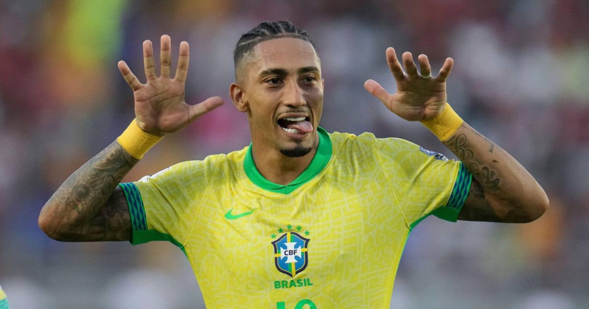 Raphinha celebrates for Brazil
