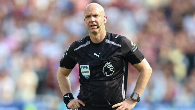 Anthony Taylor refereeing his final Premier League match in May 2026.