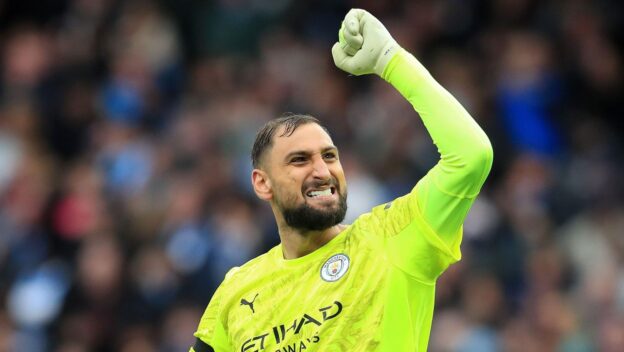 Man City's latest goalkeeper celebrates on his club debut, September 2025.