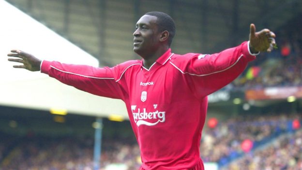 Liverpool's Emile Heskey celebrates his first goal against Leeds during the Barclaycard Premiership clash between Leeds United and Liverpool at Elland Road.