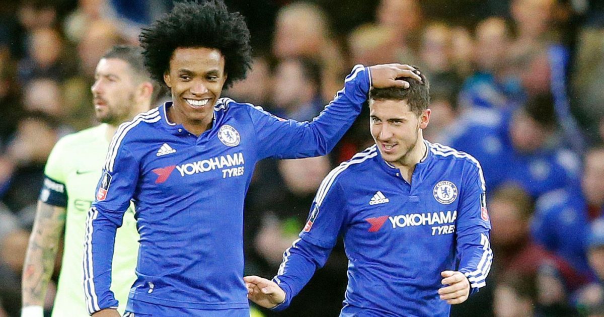 Chelsea's Willian, left, and teammate Eden Hazard celebrate after scoring during the English FA Cup soccer match between Chelsea and Manchester City at the Stamford Bridge stadium in London, Sunday, Feb. 21, 2016
