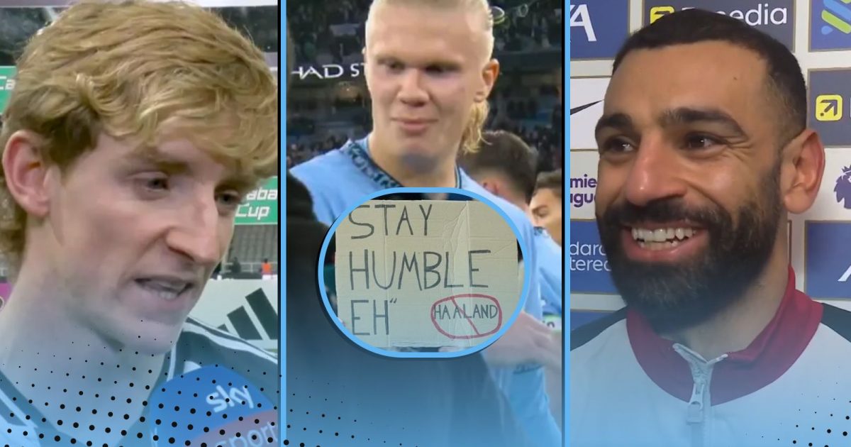 Stay Humble, Eh? Erling Haaland Manchester City Arsenal Mikel Arteta Meme featuring Anthony Gordon (left) and Mohamed Salah (right)