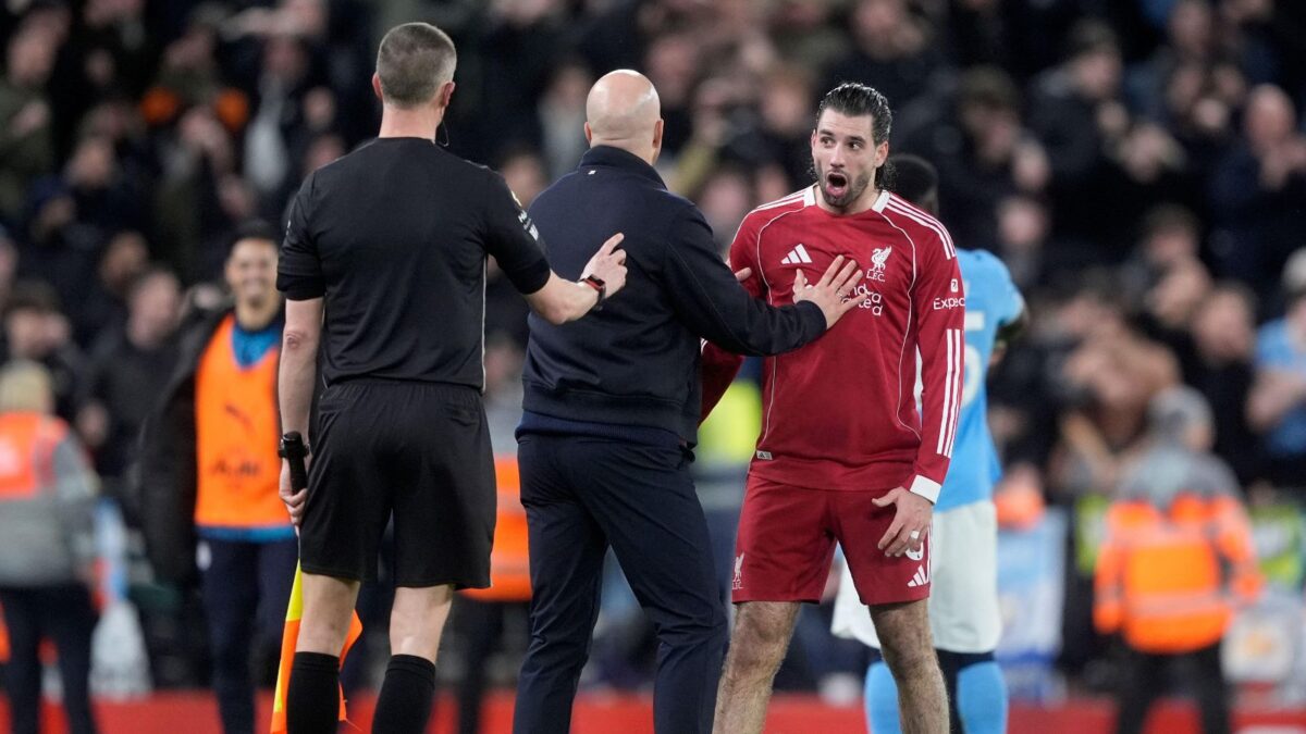 Dominik Szoboszlai protests his red card against Manchester City in February 2026.