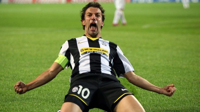 Juventus forward Alessandro Del Piero celebrates after scored during the Champions League Group H soccer match between Juventus and Real Madrid at the Olympic Stadium in Turin, Italy, Tuesday, Oct 21, 2008.