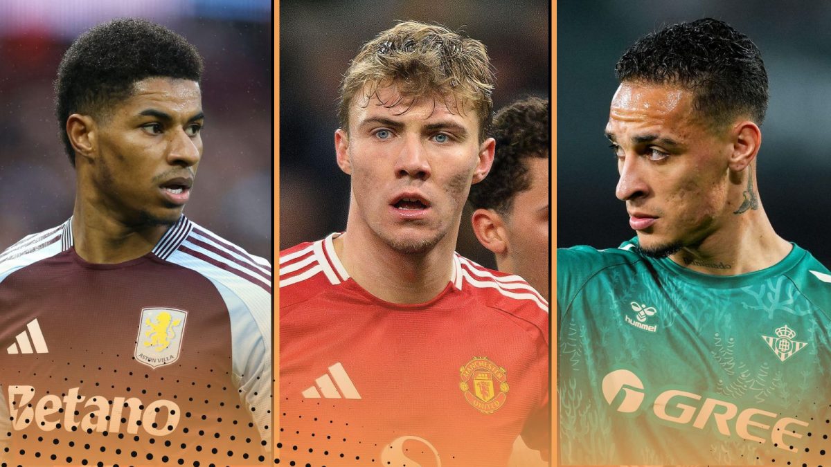 (L-R) Marcus Rashford at Aston Villa, Rasmus Hojlund at Manchester United, Antony at Real Betis