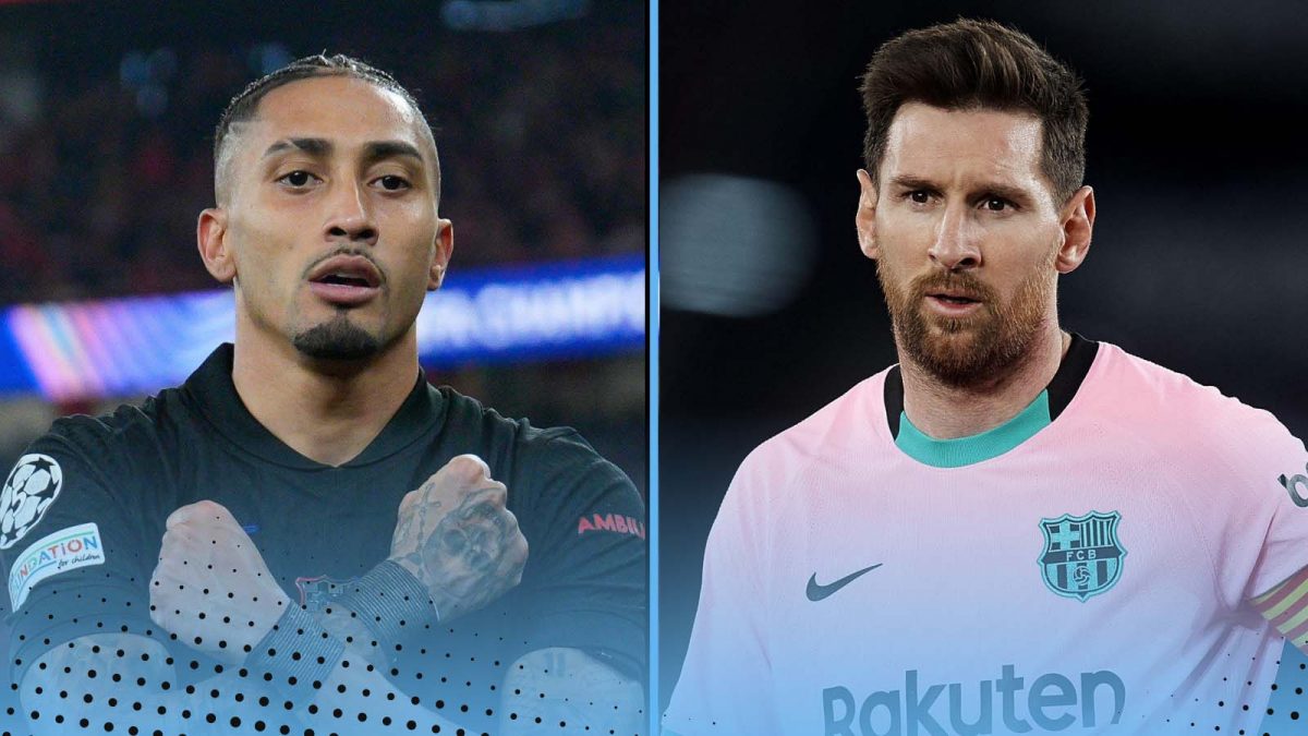 Raphinha and Lionel Messi of Barcelona