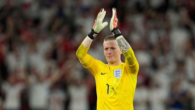 England's goalkeeper Jordan Pickford celebrates at the end of the World Cup group B soccer match between England and Wales, at the Ahmad Bin Ali Stadium in Al Rayyan , Qatar, Tuesday, Nov. 29, 2022.