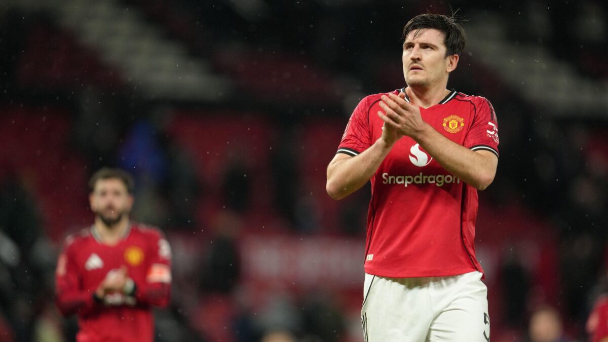 Harry Maguire and Bruno Fernandes after United's Third Round exit in 2026.