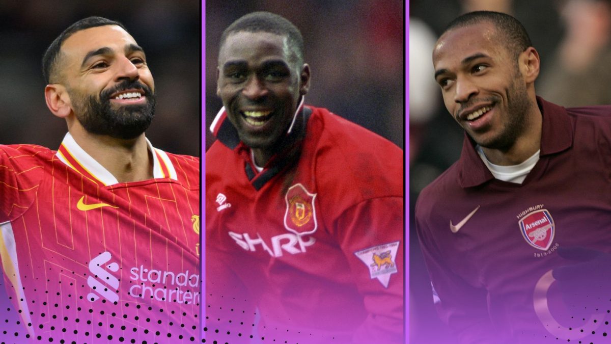 Premier League top goalscorers of all time not including penalties featuring (L-R) Liverpool's Mohamed Salah, Manchester United's Andy Cole and Arsenal's Thierry Henry