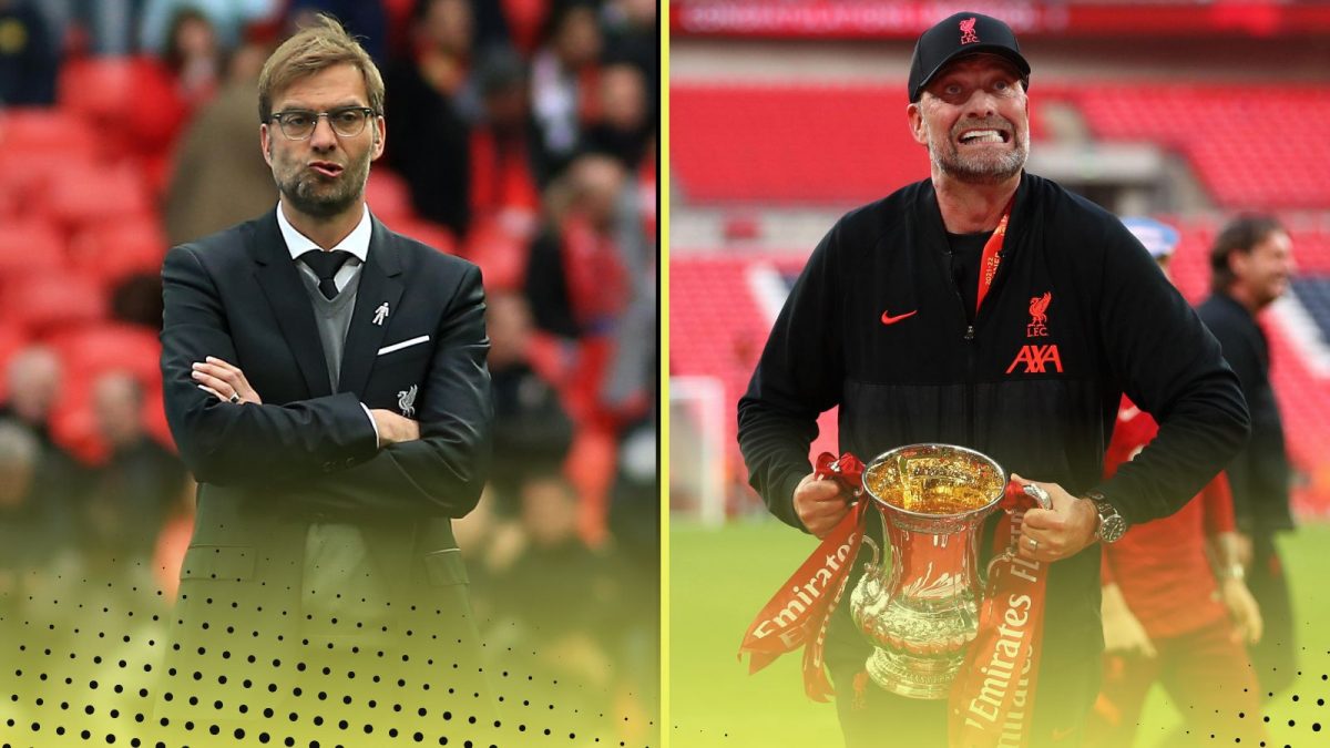 Jurgen Klopp, pictured after Liverpool's 2016 League Cup final defeat (left) and after winning the FA Cup in 2022 (right)