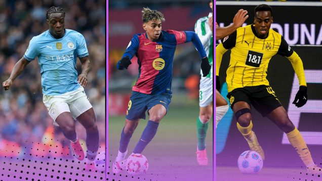 Europe's Top Five Leagues Best Dribblers 2024-25 featuring (L-R) Manchester City's Jeremy Doku, Barcelona's Lamine Yamal and Borussia Dortrmund's Jamie Gittens