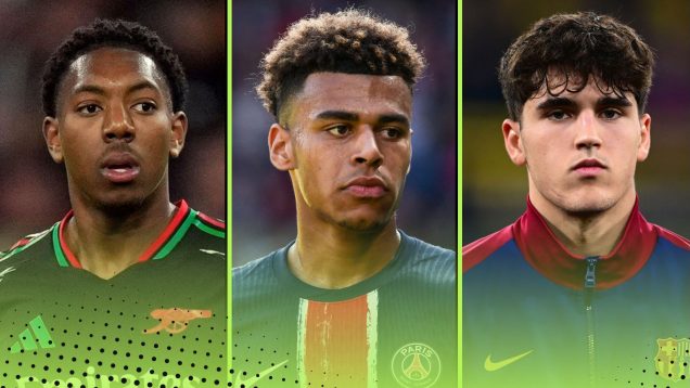 Golden Boy contenders 2025 featuring (L-R) Arsenal's Myles Lewis-Skelly, PSG's Desire Doue and Barcelona's Pau Cubarsi