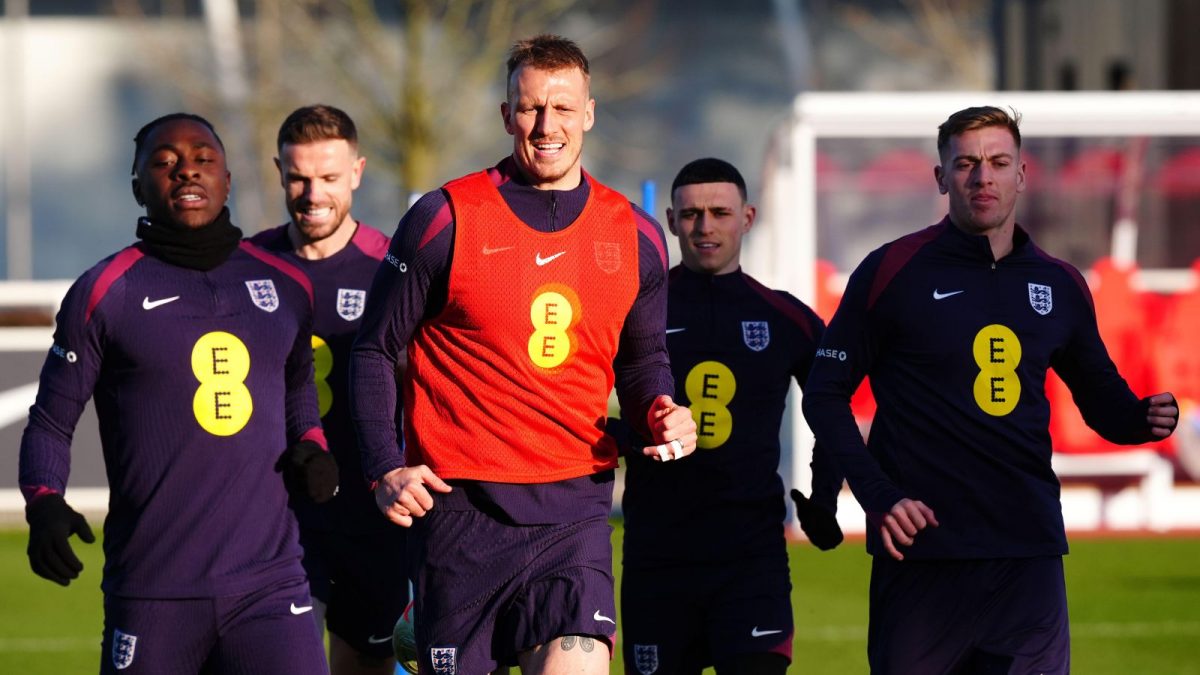 England's Eberechi Eze, Jordan Henderson, Dan Burn, Phil Foden and Liam Delap (left-right) during a training session at St George's Park, Burton upon Trent. Picture date: Tuesday March 18, 2025.