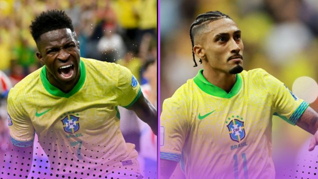 Real Madrid forward Vinicius Junior (left) and Barcelona forward Raphinha (right) pictured playing for Brazil