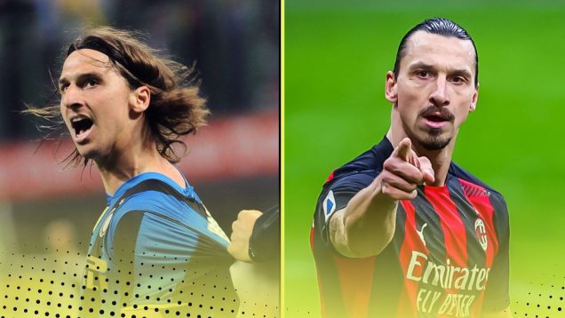 Zlatan Ibrahimovic pictured playing for Inter (left) and AC Milan (right)