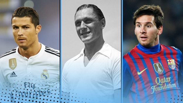 Most Goals Scored In A Season All competitions history of football featuring (L-R) Cristiano Ronaldo, Josef Bican and Lionel Messi