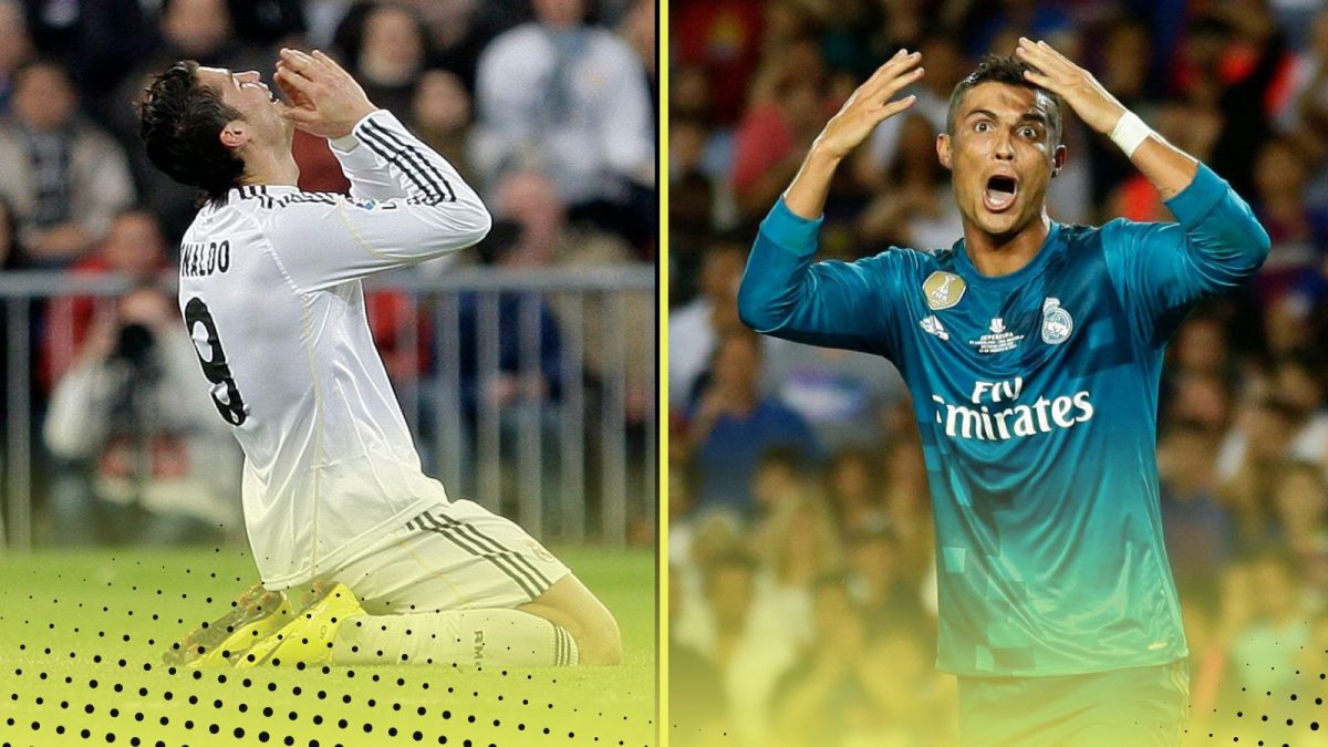 Left: Real Madrid's Cristiano Ronaldo of Portugal reacts after he received a red card during a Spanish La Liga soccer match against Malaga at the Santiago Bernabeu stadium in Madrid, Sunday Jan. 24, 2010. Right: Real Madrid's Cristiano Ronaldo, right, reacts after Referee Ricardo de Burgos, left, shows a second yellow card during the Spanish Supercup, first leg, soccer match between FC Barcelona and Real Madrid at the Camp Nou stadium in Barcelona, Spain, Sunday, Aug. 13, 2017.