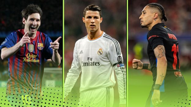 Most Goals and Assists in a Champions League campaign featuring (L-R) Barcelona's Lionel Messi, Real Madrid's Cristiano Ronaldo and Barcelona's Raphinha