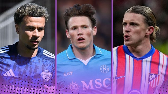 Brits Abroad 2024-25 featuring (L-R) Dele Alli of Como, Scott McTominay of Napoli and Conor Gallagher of Atletico Madrid