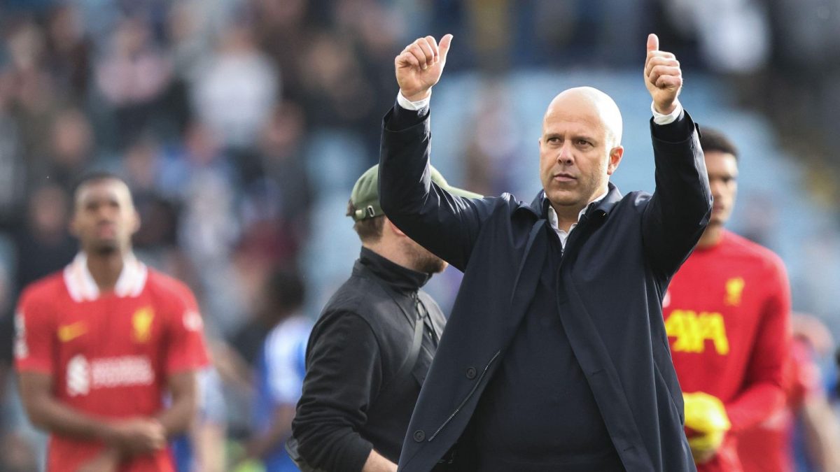 Arne Slot manager of Liverpool gestures to the away fans after the Premier League match Leicester City vs Liverpool at King Power Stadium, Leicester, United Kingdom, 20th April 2025