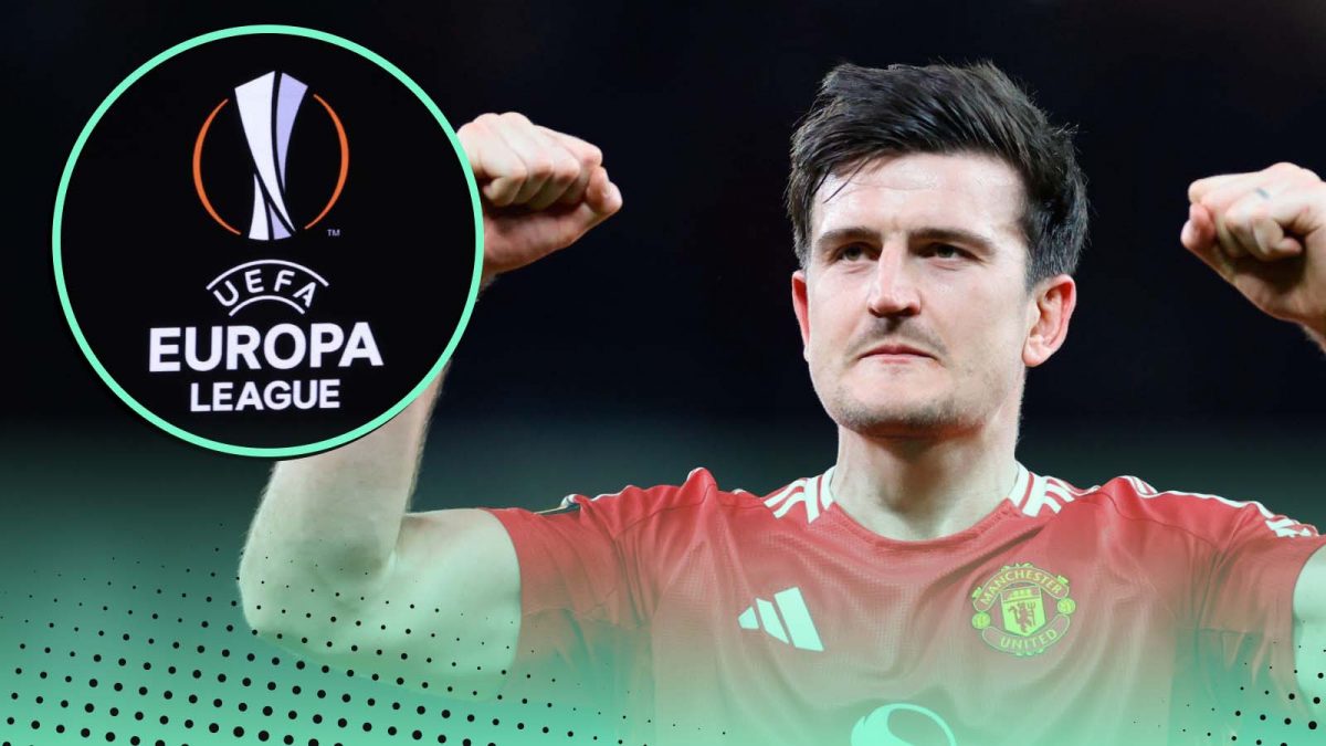 Harry Maguire next to Europa League logo