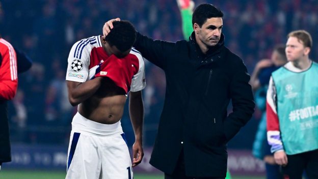 7th May 2025: Parc Des Princes, Paris, France: Mikel Arteta coach Arsenal FC consoles Jurriën Timber Arsenal FC following defeat during the UEFA Champions League match between Paris Saint Germain and Arsenal FC at Parc Des Princes