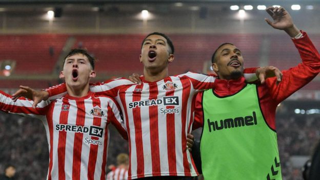 Sunderland celebrate making the 2025 Championship play-off final.